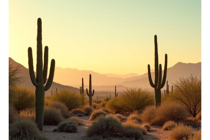 Arid desert landscape with saguaro cacti and distant mountains under a warm sky, representing Scottsdale's natural beauty.
