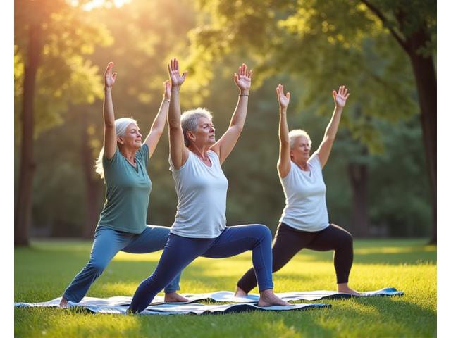 A diverse group of middle-aged and older adults participating in a gentle yoga class outdoors, focusing on balance and flexibility exercises with calm expressions.
