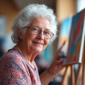 Susan, a bright-eyed 71-year-old woman, engaged in a vibrant art class, surrounded by fellow students and colorful canvases.