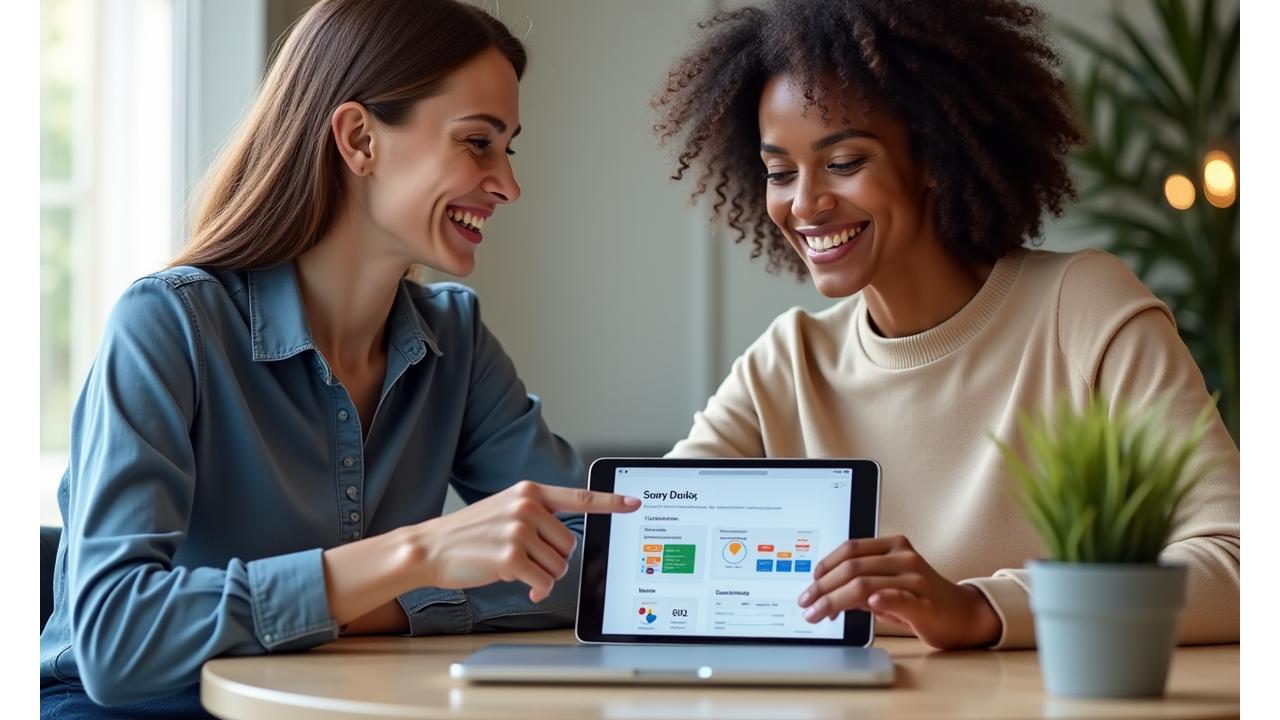 Two adults, mid-30s-40s, reviewing a fitness tracker or health app together, smiling and supportive, representing accountability partners.